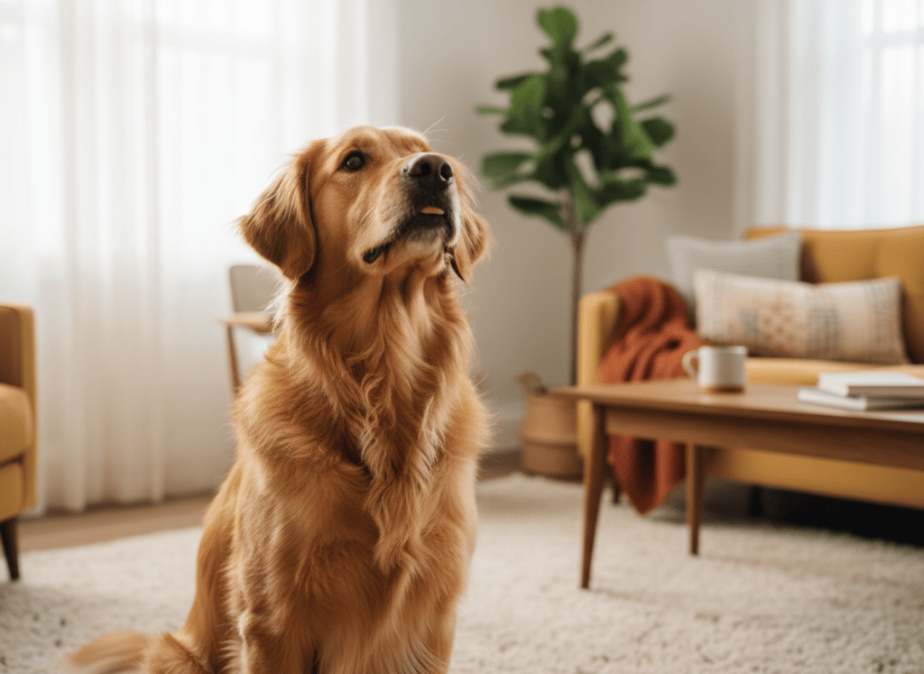 A friendly dog sitting attentively in a bright room