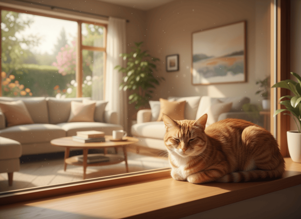 A calm tabby cat sitting on a sunny windowsill