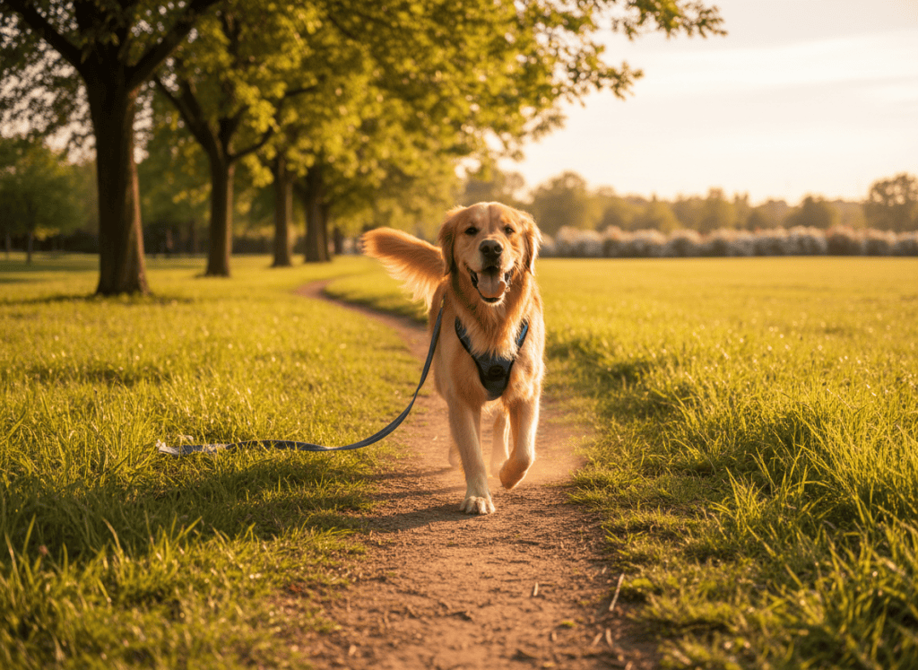 A happy dog in a harness walking on a loose lead in a park
