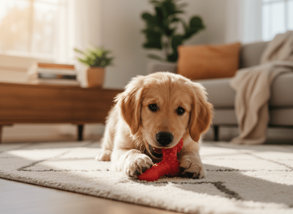 A puppy chewing a rubber toy on a rug