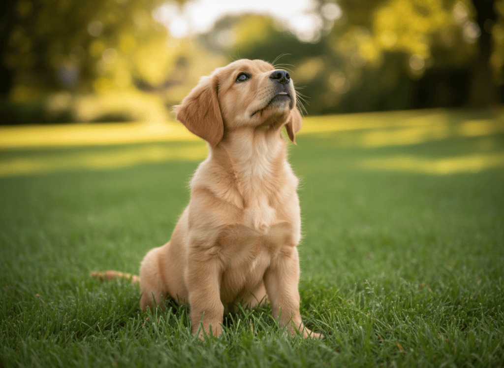 A puppy sitting on a green lawn looking up