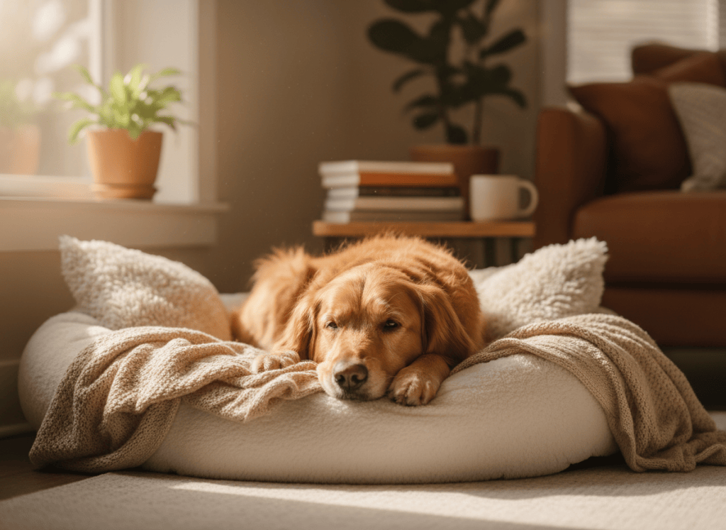 A relaxed dog lying calmly on a soft bed